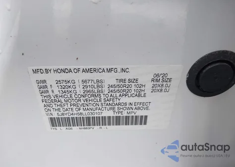 2020 Acura Mdx Technology Package from USA, damaged, VIN 5J8YD4H58LL030107